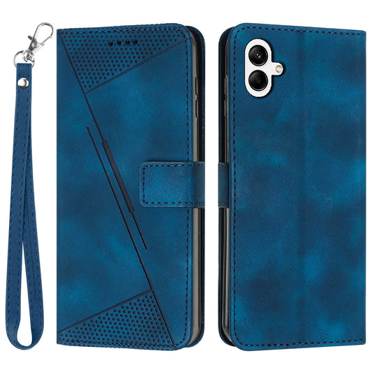 For Samsung Galaxy A06 Case Triangle Pattern Leather Phone Cover Wallet with Hand Strap - Blue