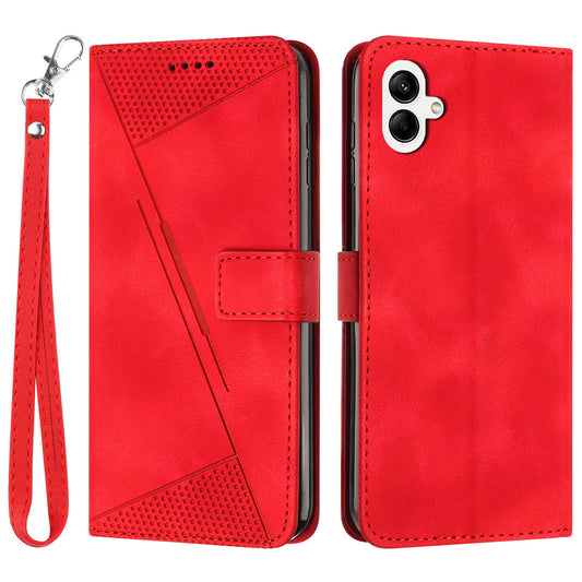 For Samsung Galaxy A06 Case Triangle Pattern Leather Phone Cover Wallet with Hand Strap - Red