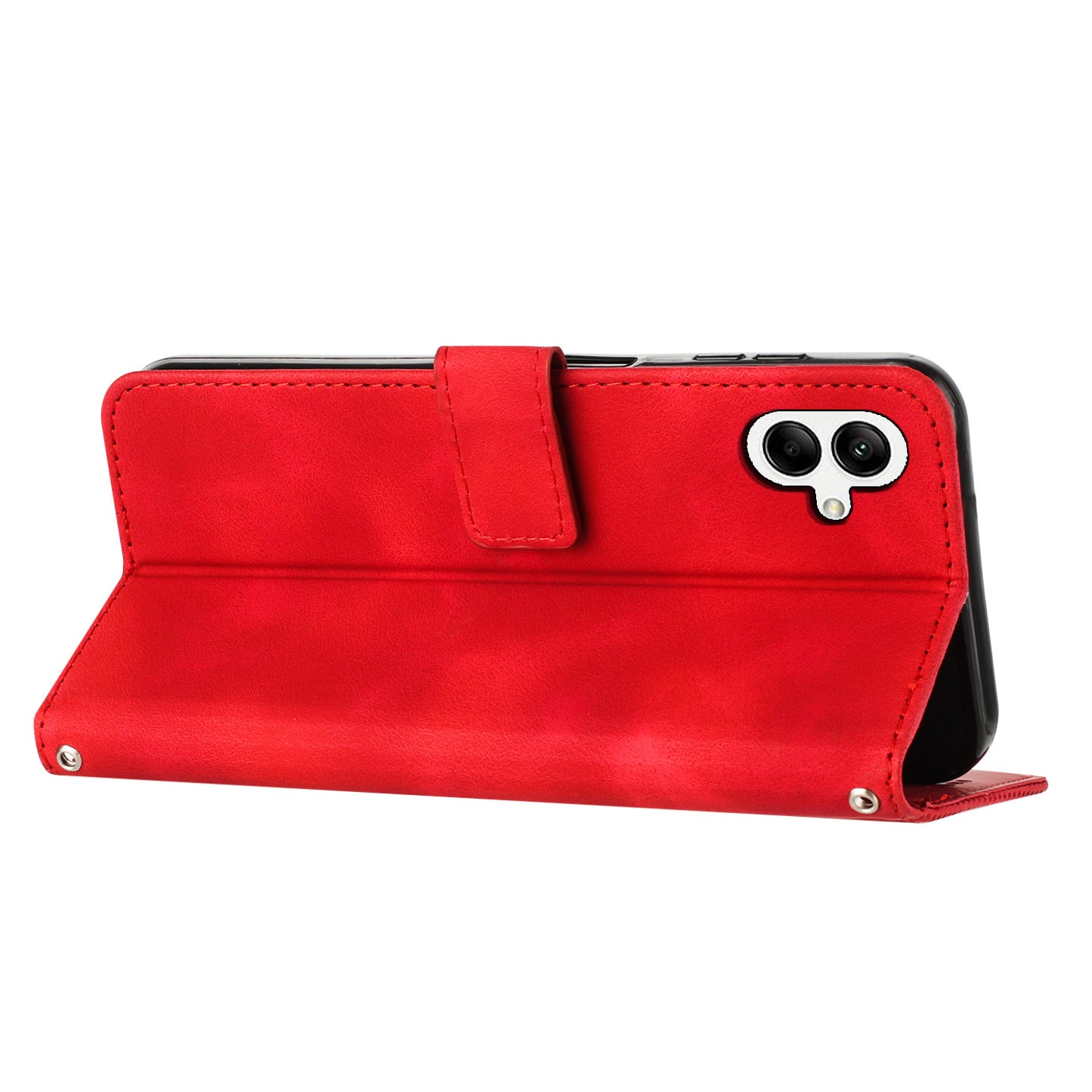 For Samsung Galaxy A06 Case Triangle Pattern Leather Phone Cover Wallet with Hand Strap - Red