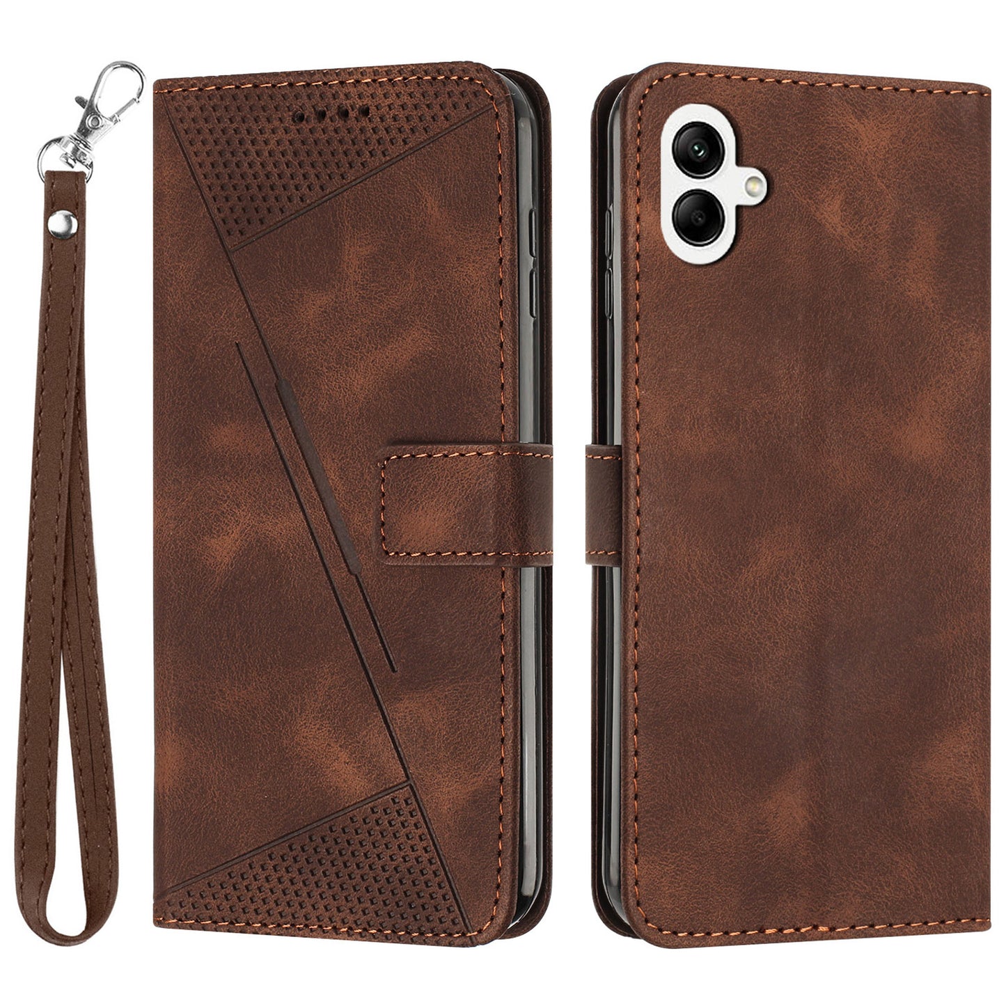 For Samsung Galaxy A06 Case Triangle Pattern Leather Phone Cover Wallet with Hand Strap - Brown