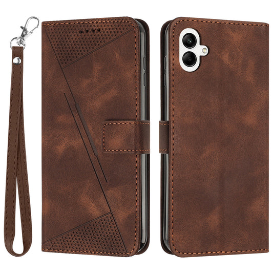 For Samsung Galaxy A06 Case Triangle Pattern Leather Phone Cover Wallet with Hand Strap - Brown