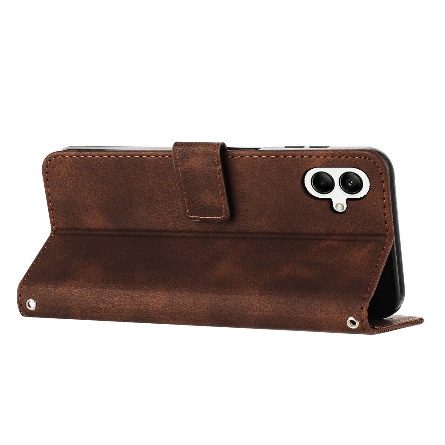 For Samsung Galaxy A06 Case Triangle Pattern Leather Phone Cover Wallet with Hand Strap - Brown