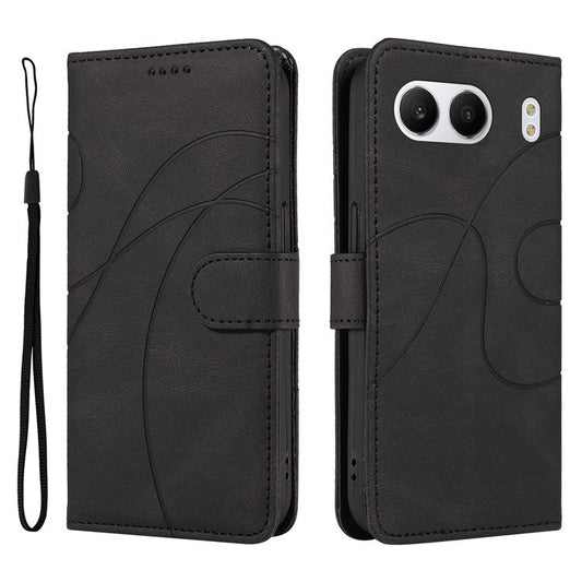 For OnePlus Nord 4 Case Stand Wallet Leather Phone Cover Curved Line Wrist Strap - Black