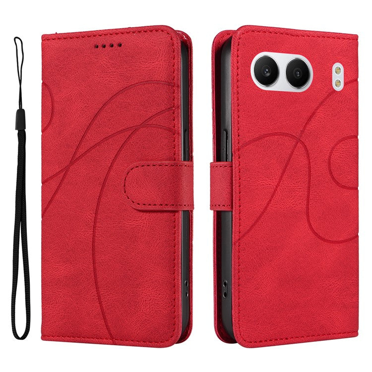 For OnePlus Nord 4 Case Stand Wallet Leather Phone Cover Curved Line Wrist Strap - Red