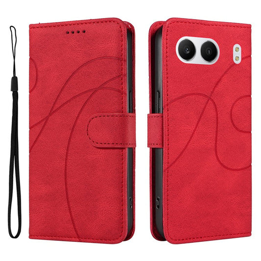 For OnePlus Nord 4 Case Stand Wallet Leather Phone Cover Curved Line Wrist Strap - Red