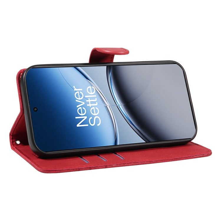 For OnePlus Nord 4 Case Stand Wallet Leather Phone Cover Curved Line Wrist Strap - Red