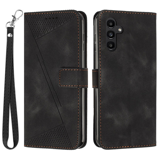 For Samsung Galaxy A16 5G / A16 4G Case Triangle Pattern Leather Phone Cover with Hand Strap Card Slots - Black