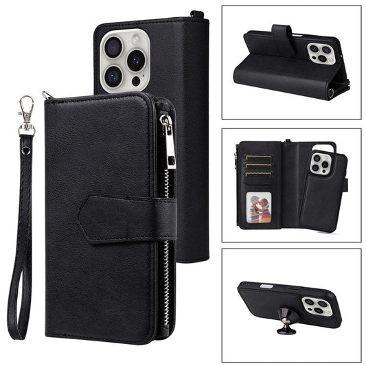 KT Multi-functional Series-4 for iPhone 16 Pro Case Detachable PU Leather Zipper Flip Wallet Phone Cover - Black