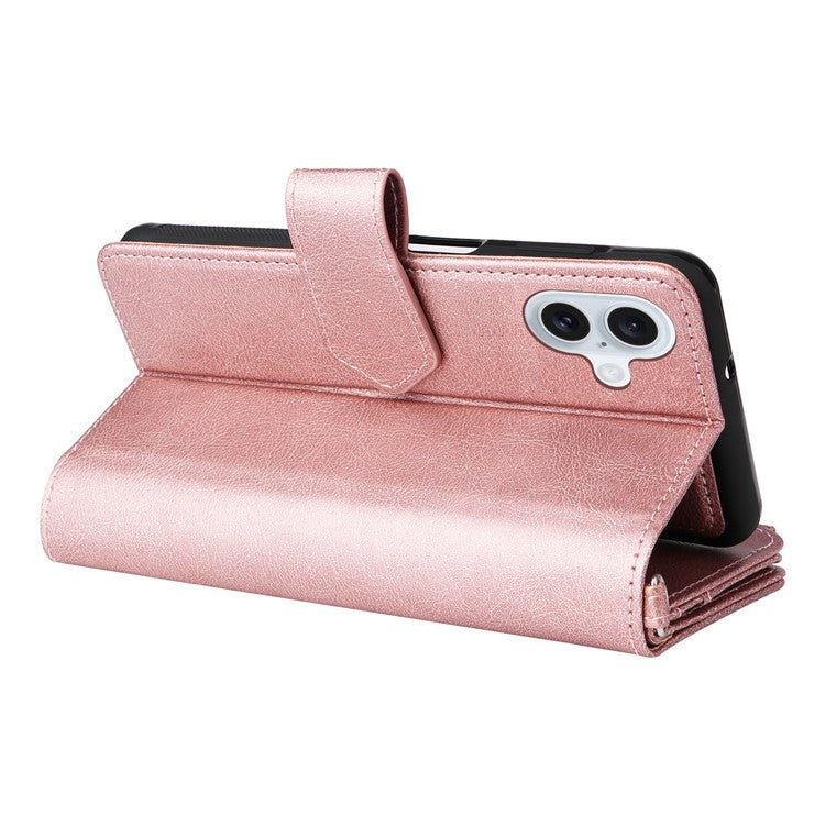 KT Multi-Functional Series-4 for iPhone 16 Plus Case Detachable PU Leather Zipper Flip Wallet Phone Cover - Rose Gold