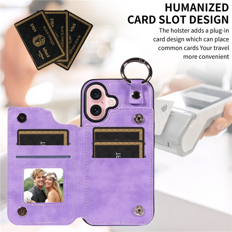 003 For iPhone 16 Case Card Slots Leather Phone Cover Double Magnetic Clasp, Ring Buckle - Light Purple
