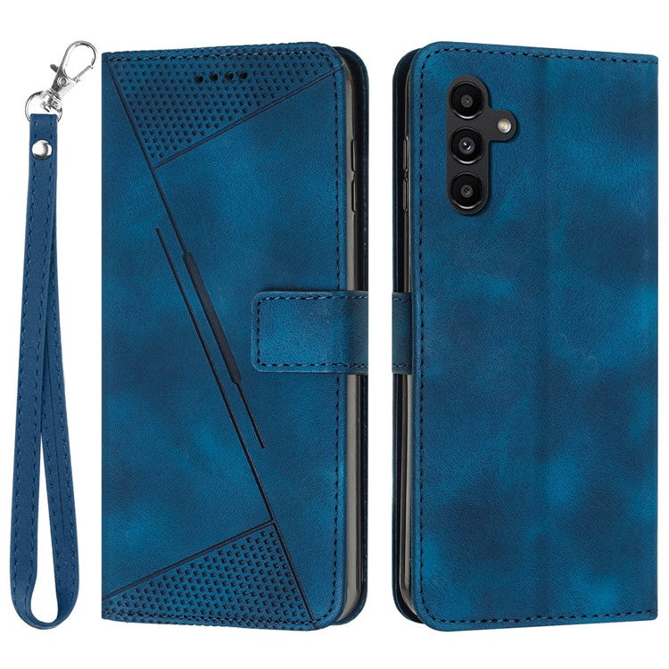 For Samsung Galaxy M35 5G Case Triangle Pattern Leather Phone Cover with Hand Strap Card Slots - Sapphire