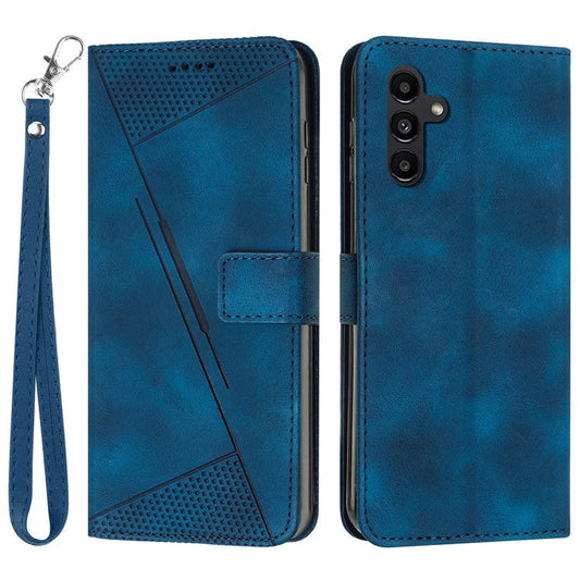 For Samsung Galaxy M35 5G Case Triangle Pattern Leather Phone Cover with Hand Strap Card Slots - Sapphire