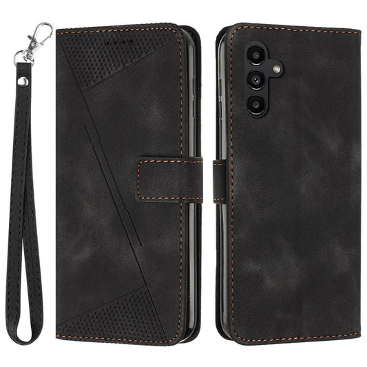 For Samsung Galaxy M35 5G Case Triangle Pattern Leather Phone Cover with Hand Strap Card Slots - Black