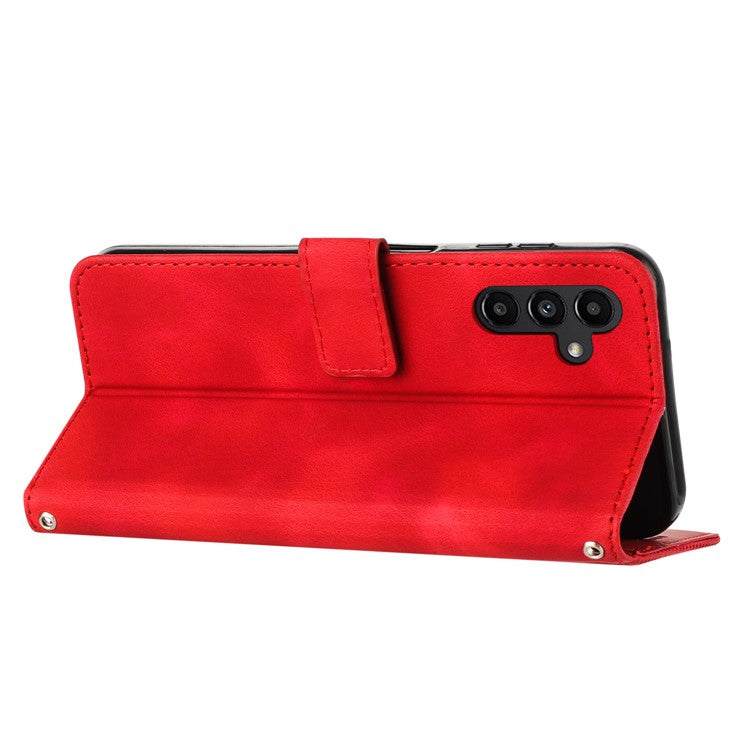 For Samsung Galaxy M35 5G Case Triangle Pattern Leather Phone Cover with Hand Strap Card Slots - Red