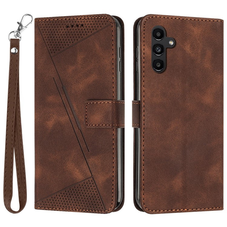 For Samsung Galaxy M35 5G Case Triangle Pattern Leather Phone Cover with Hand Strap Card Slots - Brown