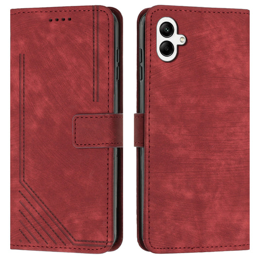 For Samsung Galaxy A06 Case Imprinted Lines Leather Phone Cover Bookstyle Folding Stand - Red