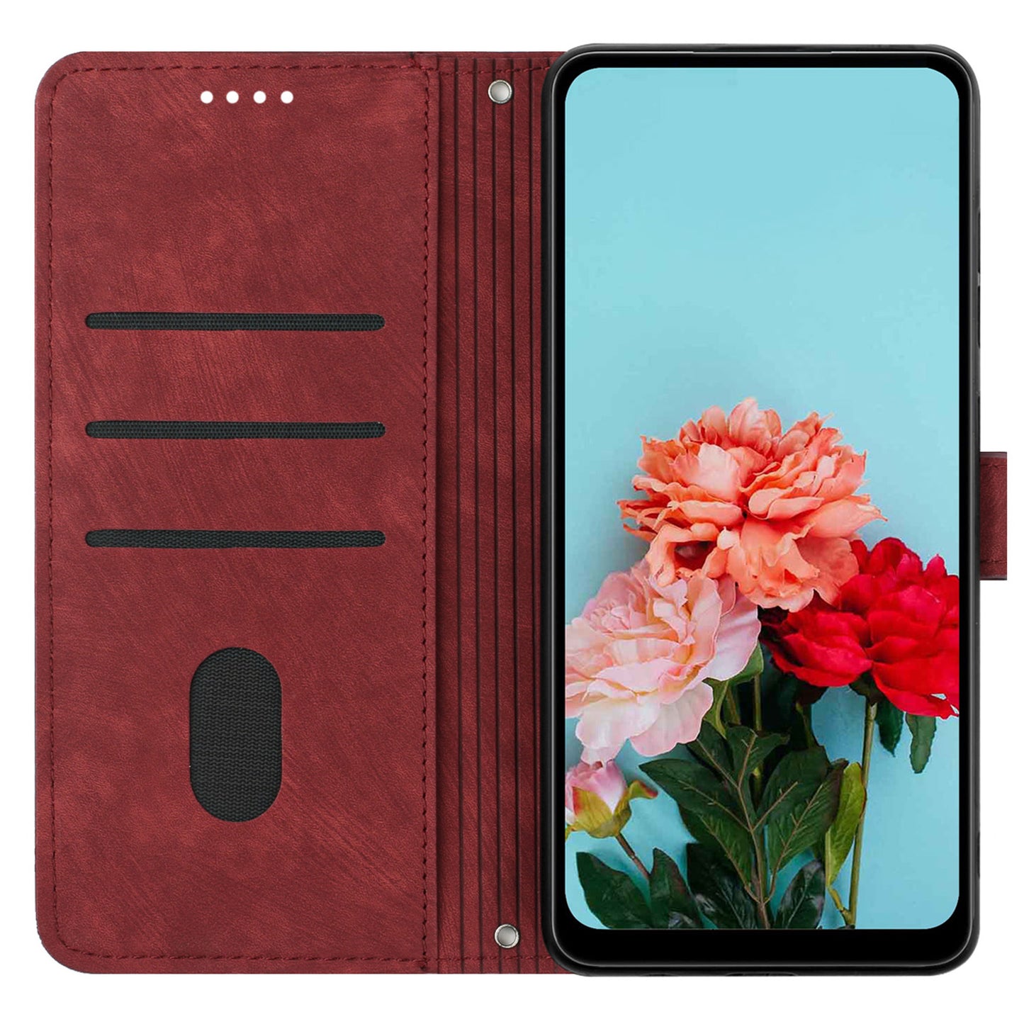 For Samsung Galaxy A06 Case Imprinted Lines Leather Phone Cover Bookstyle Folding Stand - Red