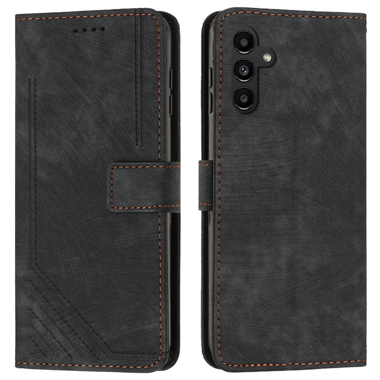 For Samsung Galaxy M35 5G Case Imprinted Lines Leather Phone Cover Bookstyle Folding Stand - Black
