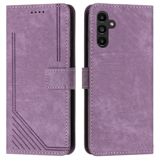 For Samsung Galaxy M35 5G Case Imprinted Lines Leather Phone Cover Bookstyle Folding Stand - Purple