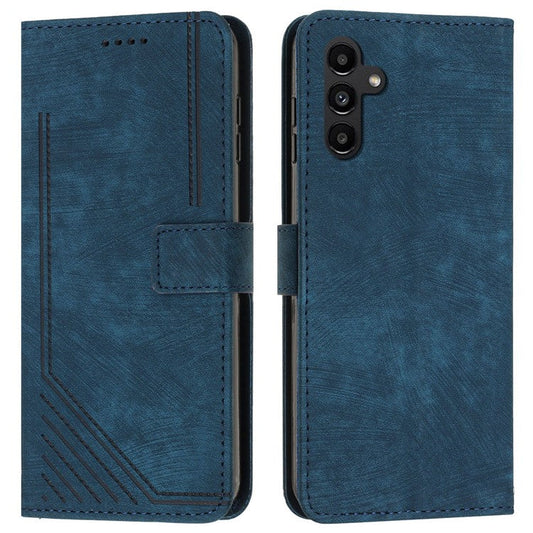 For Samsung Galaxy M35 5G Case Imprinted Lines Leather Phone Cover Bookstyle Folding Stand - Sapphire