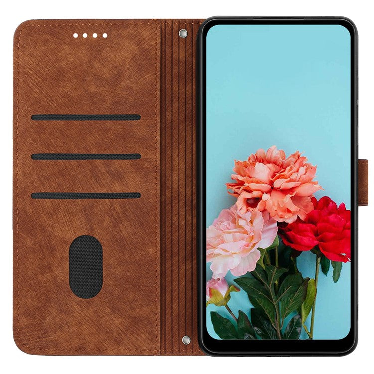For Samsung Galaxy M35 5G Case Imprinted Lines Leather Phone Cover Bookstyle Folding Stand - Brown