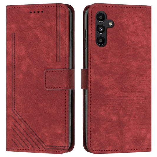 For Samsung Galaxy M35 5G Case Imprinted Lines Leather Phone Cover Bookstyle Folding Stand - Red