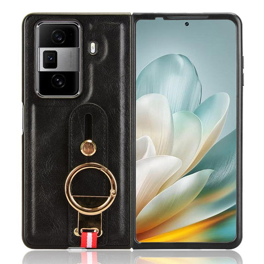 For Honor Magic Vs3 5G Case Leather+PC+TPU Wristband Cover with Bottle Opener Ring - Black