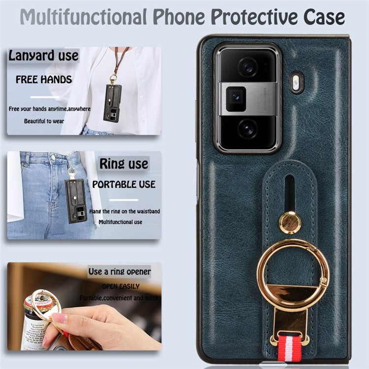 For Honor Magic Vs3 5G Case Leather+PC+TPU Wristband Cover with Bottle Opener Ring - Blue