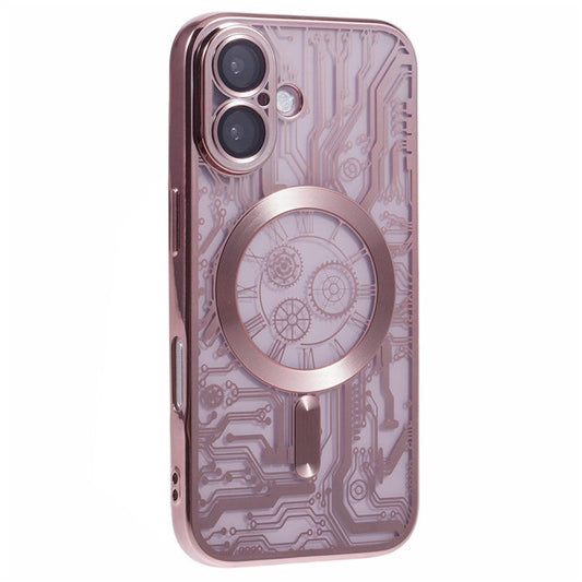 AR Series For iPhone 16 Plus Case Compatible with MagSafe Gear Design TPU Phone Cover with Lens Film - Rose Gold