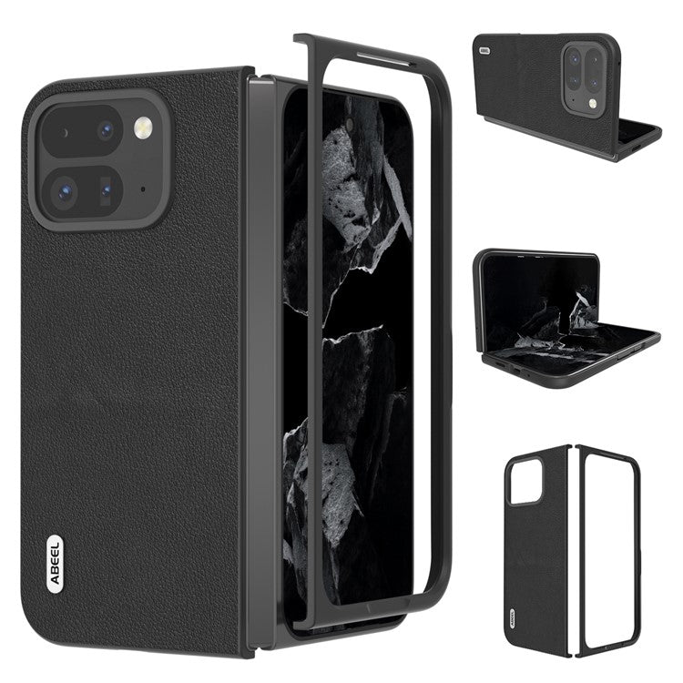 ABEEL For Google Pixel 9 Pro Fold 5G Case Genuine Cow Leather Hard PC Phone Cover - Black