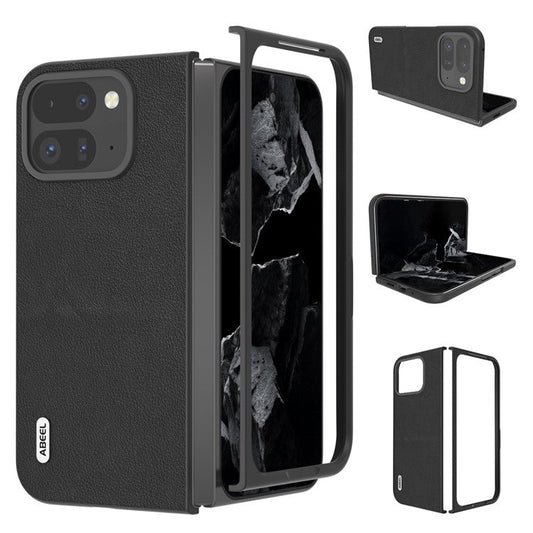 ABEEL For Google Pixel 9 Pro Fold 5G Case Genuine Cow Leather Hard PC Phone Cover - Black
