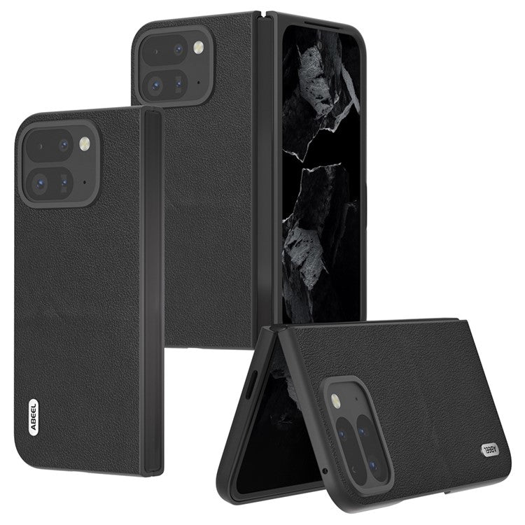 ABEEL For Google Pixel 9 Pro Fold 5G Case Genuine Cow Leather Hard PC Phone Cover - Black