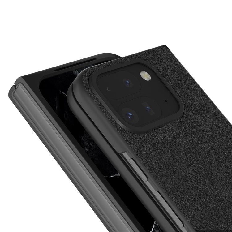 ABEEL For Google Pixel 9 Pro Fold 5G Case Genuine Cow Leather Hard PC Phone Cover - Black