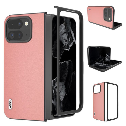 ABEEL For Google Pixel 9 Pro Fold 5G Case Genuine Cow Leather Hard PC Phone Cover - Pink