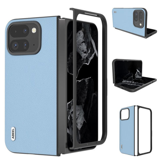 ABEEL For Google Pixel 9 Pro Fold 5G Case Genuine Cow Leather Hard PC Phone Cover - Blue