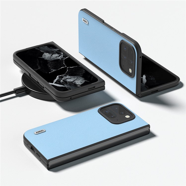 ABEEL For Google Pixel 9 Pro Fold 5G Case Genuine Cow Leather Hard PC Phone Cover - Blue