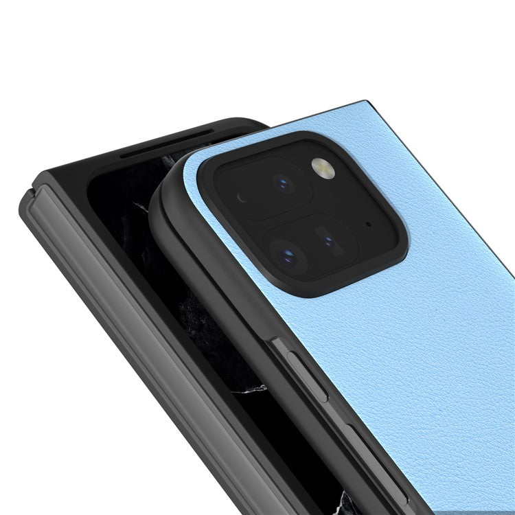 ABEEL For Google Pixel 9 Pro Fold 5G Case Genuine Cow Leather Hard PC Phone Cover - Blue