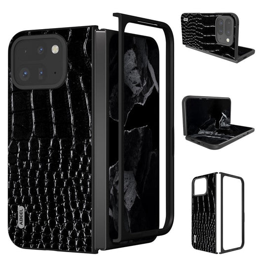 ABEEL For Google Pixel 9 Pro Fold 5G Case Genuine Cow Leather Back Phone Cover Crocodile Texture - Black