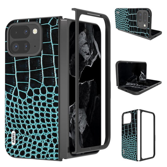 ABEEL For Google Pixel 9 Pro Fold 5G Case Genuine Cow Leather Back Phone Cover Crocodile Texture - Midnight Green
