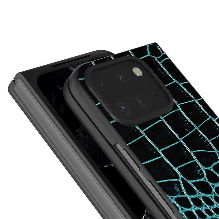 ABEEL For Google Pixel 9 Pro Fold 5G Case Genuine Cow Leather Back Phone Cover Crocodile Texture - Midnight Green