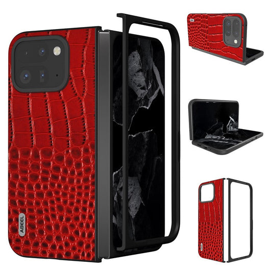 ABEEL For Google Pixel 9 Pro Fold 5G Case Genuine Cow Leather Back Phone Cover Crocodile Texture - Red