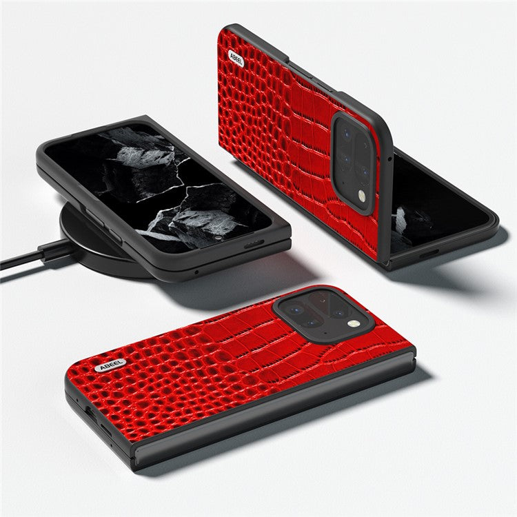 ABEEL For Google Pixel 9 Pro Fold 5G Case Genuine Cow Leather Back Phone Cover Crocodile Texture - Red