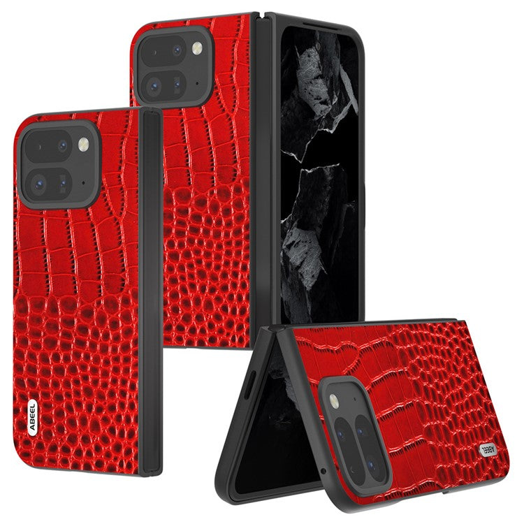 ABEEL For Google Pixel 9 Pro Fold 5G Case Genuine Cow Leather Back Phone Cover Crocodile Texture - Red
