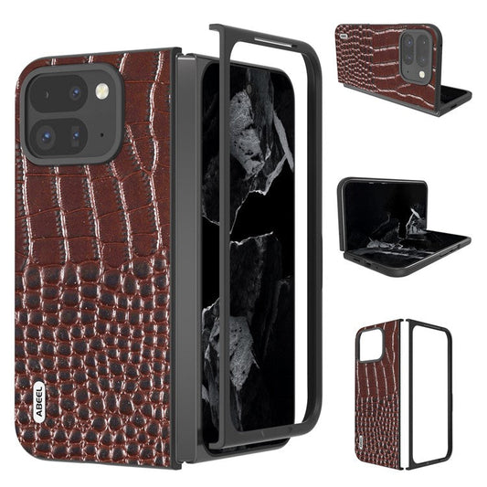 ABEEL For Google Pixel 9 Pro Fold 5G Case Genuine Cow Leather Back Phone Cover Crocodile Texture - Coffee