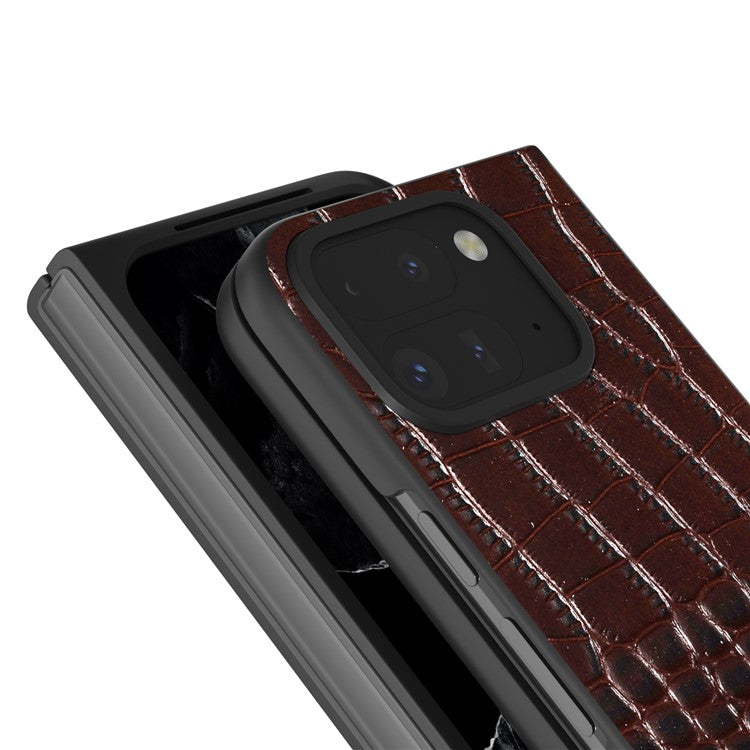 ABEEL For Google Pixel 9 Pro Fold 5G Case Genuine Cow Leather Back Phone Cover Crocodile Texture - Coffee