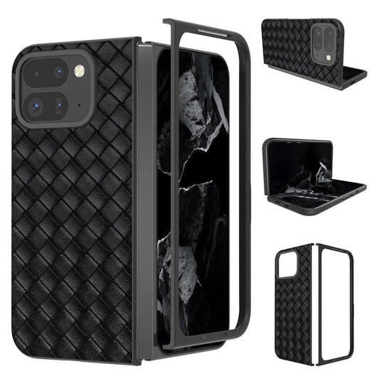 For Google Pixel 9 Pro Fold 5G Case Woven Texture PU Leather Coated PC Mobile Phone Cover - Black