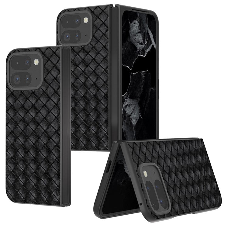 For Google Pixel 9 Pro Fold 5G Case Woven Texture PU Leather Coated PC Mobile Phone Cover - Black