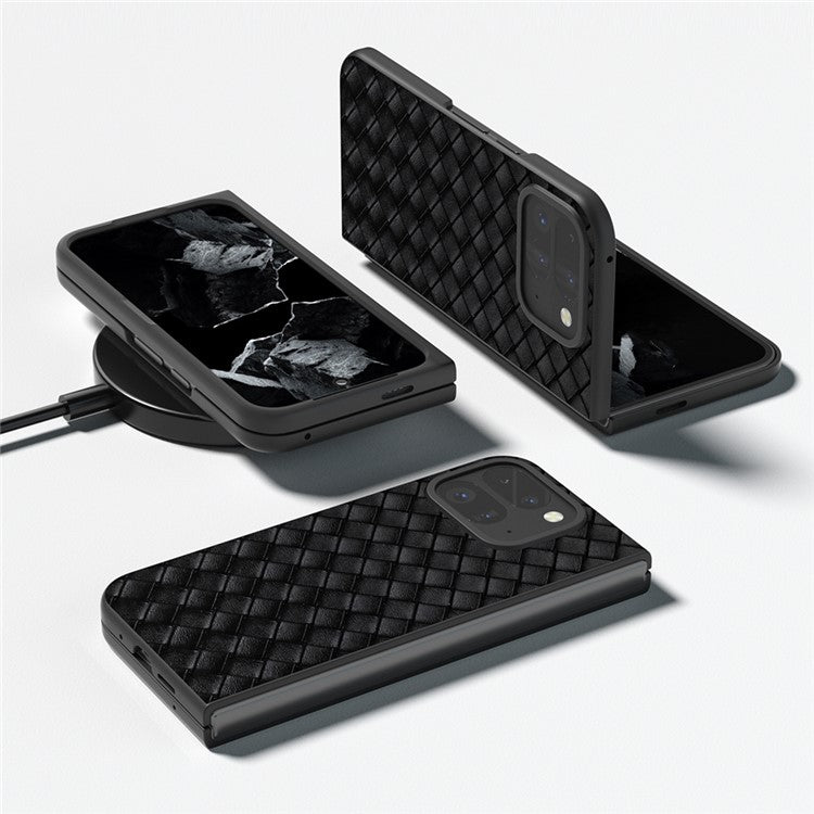 For Google Pixel 9 Pro Fold 5G Case Woven Texture PU Leather Coated PC Mobile Phone Cover - Black