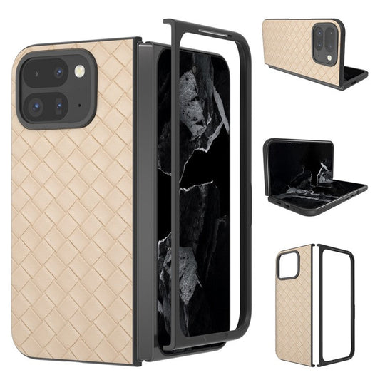 For Google Pixel 9 Pro Fold 5G Case Woven Texture PU Leather Coated PC Mobile Phone Cover - Beige