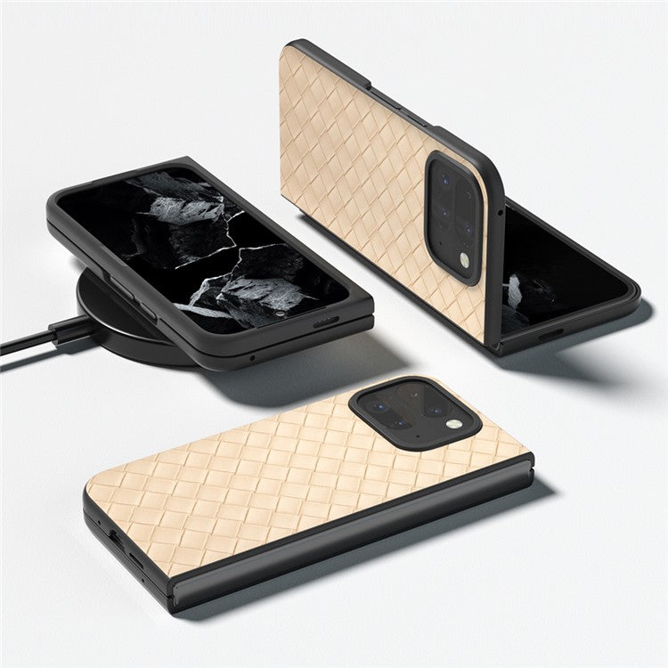 For Google Pixel 9 Pro Fold 5G Case Woven Texture PU Leather Coated PC Mobile Phone Cover - Beige